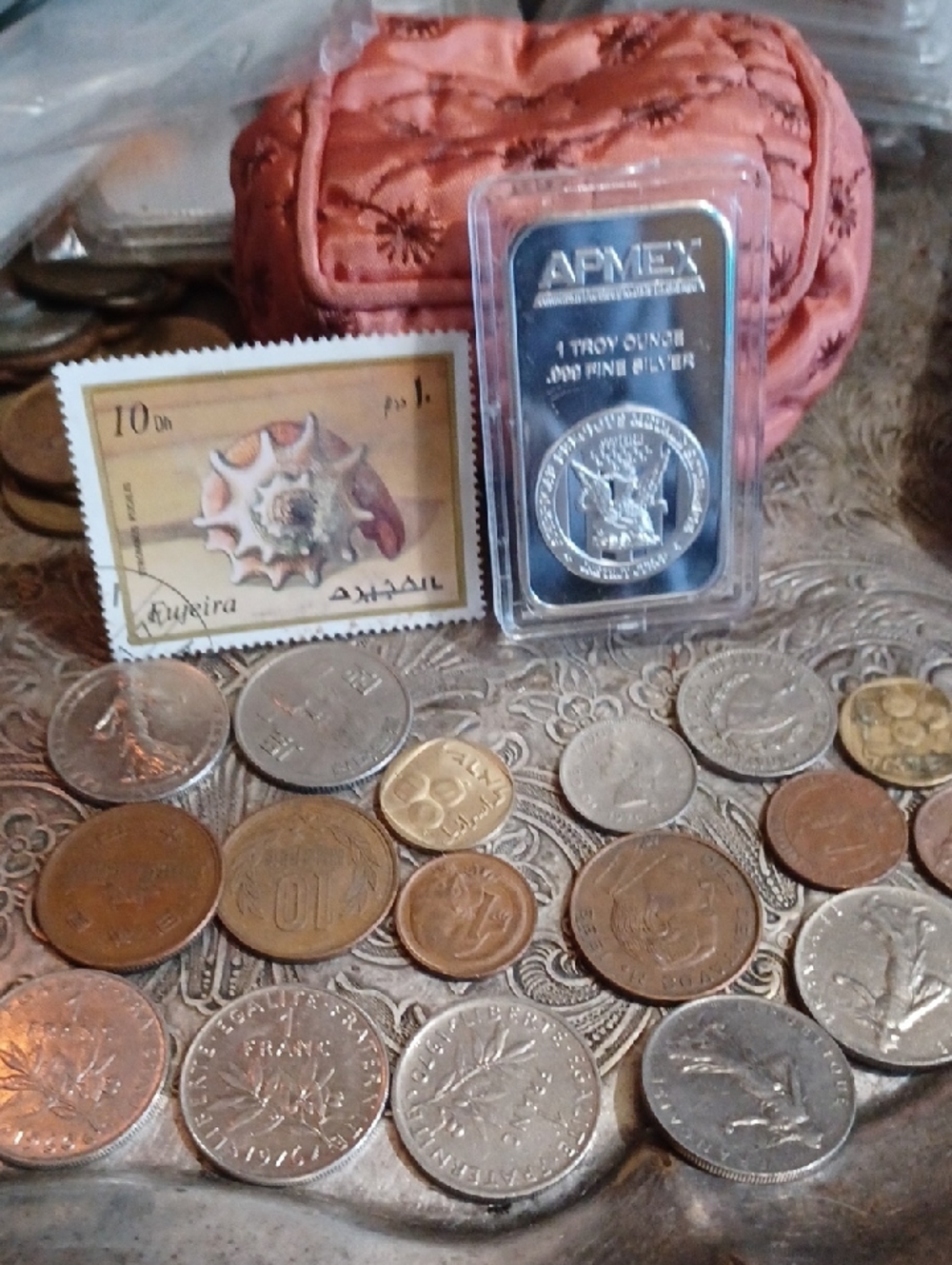 Assorted Coin & APMEX 1 oz Silver Bar Display with Coral Pouch